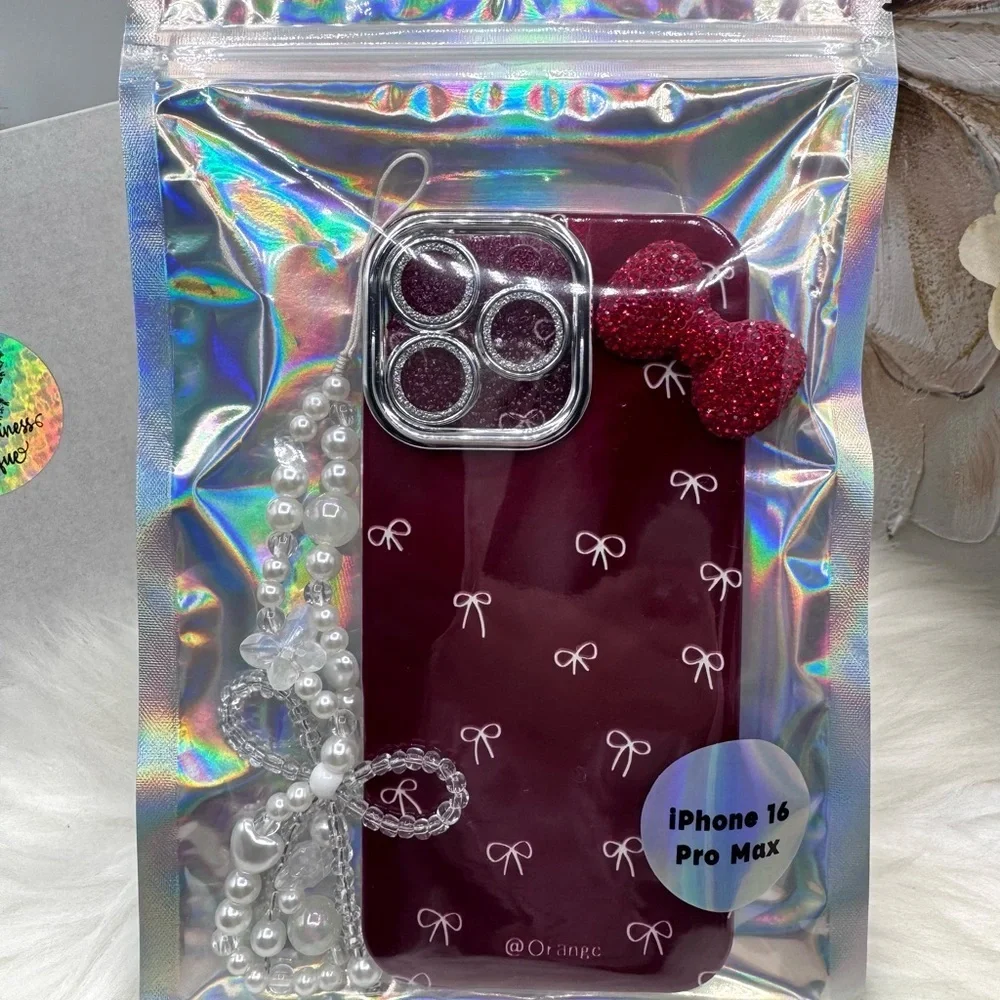 Chic iPhone 16 Pro Max  Bow Theme Wine Case w/ bows design & matching bead charm
